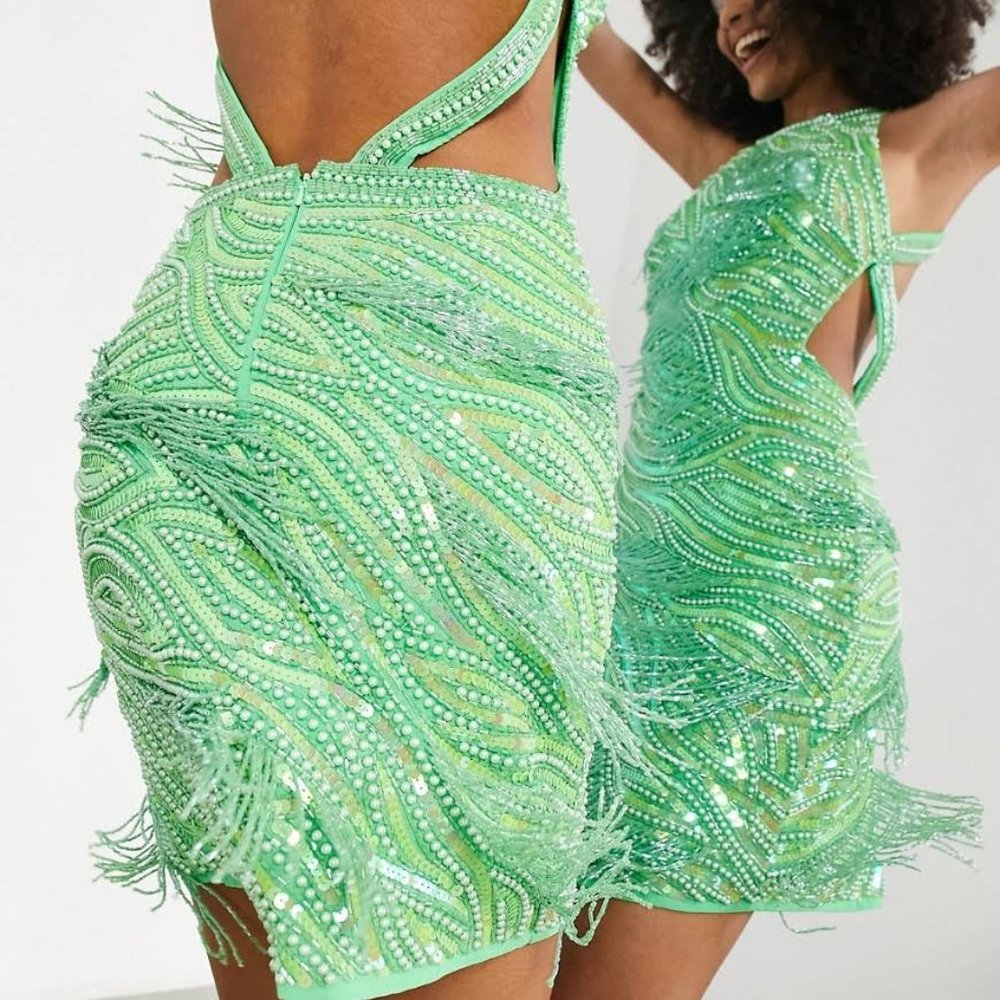 ASOS DESIGN EDITION Beaded Sequin Fringe Open Back Dress